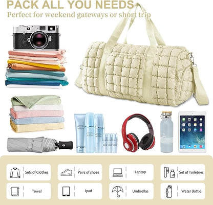 Quilted Travel Duffle Bag Gym Bag for Women,Large Puffer Duffle Weekender Bag with Compartment,Workout Overnight Carry on Organizer Bag Duffle Bag for Airplane Travel(Off-white)