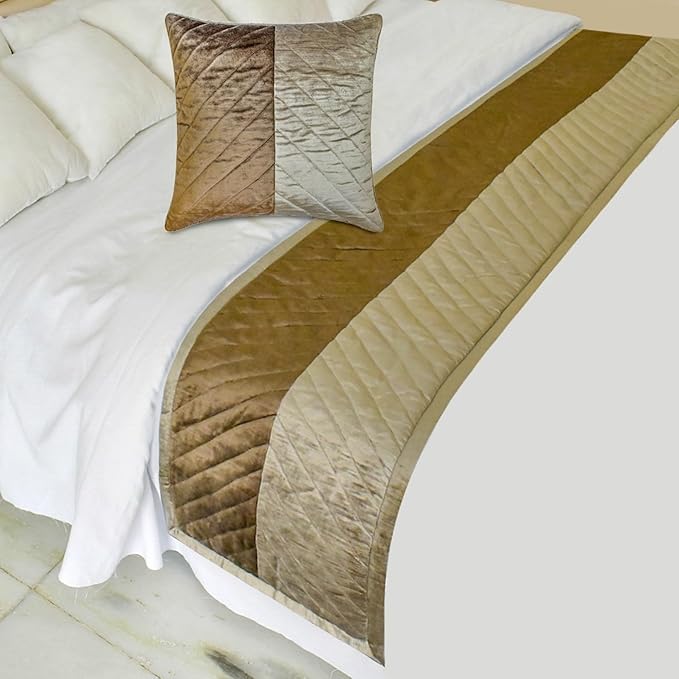 The HomeCentric King/Queen/Twin Brown Decorative Bed Runner CA King 86"x18" Bed Runner with One Pillow Cover, Solid, Chevron, Patchwork, Quilted Bed Scarf on Velvet Fabric - Plush Divide