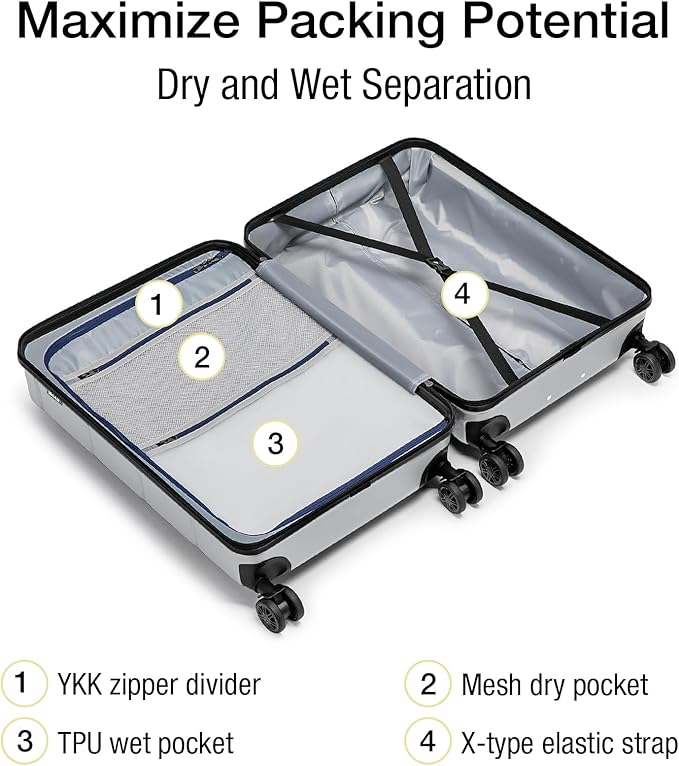 KYME Carry On Luggage 22x14x9 Airline Approved with Cup Holder Hardside Carry On Suitcase with Spinner Wheels Hardshell Travel Rolling 22 Inch Luggage with TSA Lock for Women Men Silver