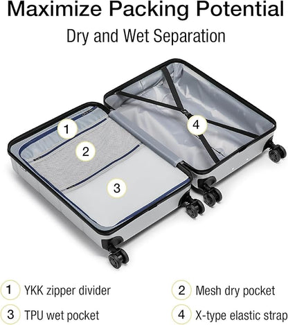 KYME Carry On Luggage 22x14x9 Airline Approved with Cup Holder Hardside Carry On Suitcase with Spinner Wheels Hardshell Travel Rolling 22 Inch Luggage with TSA Lock for Women Men Silver