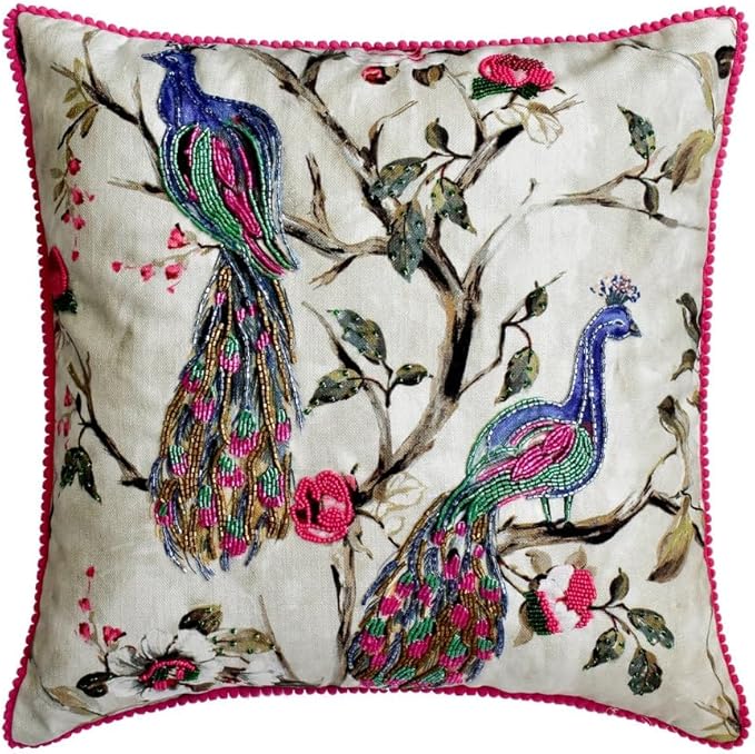 The HomeCentric King/Queen/Twin Pink & Purple Decorative Full 68"x18" Bed Runner with One Pillow Cover, Peacock, Beaded, Pom Pom Lace Bed Scarf on Cotton Fabric - Pavo Paradiso