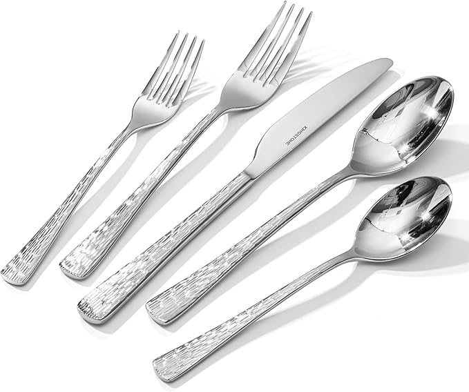 KINGSTONE Hammered Silverware Set, Flatware Set, 18/10 Stainless Steel Premium Cutlery with Unique Ripple Handles Design Mirror Polished - Dishwasher Safe (30-Piece)