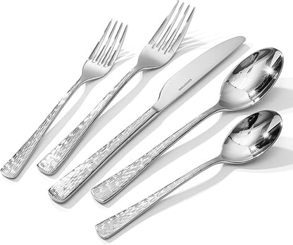 KINGSTONE Hammered Silverware Set, Flatware Set, 18/10 Stainless Steel Premium Cutlery with Unique Ripple Handles Design Mirror Polished - Dishwasher Safe (30-Piece)