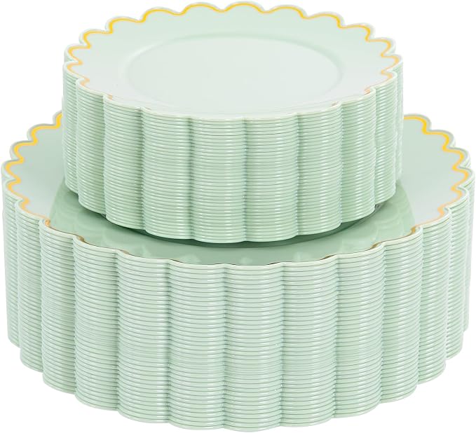 LIYH 100 Sage Green Scalloped Plastic Plates