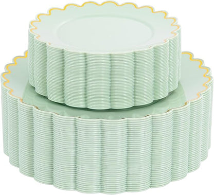 LIYH 100 Sage Green Scalloped Plastic Plates