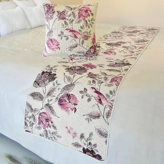 The HomeCentric King/Queen/Twin Pink Decorative CA King 86"x18" Bed Runner with 2 Pillow Cover, Quilted, Printed & Pearl Embroidery Bed Scarf on Cotton Fabric - Vintage Birdie