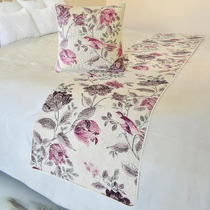 The HomeCentric King/Queen/Twin Pink Decorative Full 68"x18" Bed Runner with 2 Pillow Cover, Quilted, Printed & Pearl Embroidery Bed Scarf on Cotton Fabric - Vintage Birdie