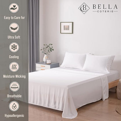 Bella Coterie Luxury Bamboo Viscose Split King Size Sheet Set | 2 Fitted Sheets for Sleep Number & Adjustable Beds | 100% Organically Grown | Cooling & Ultra Soft | 18” Deep Pocket [White]