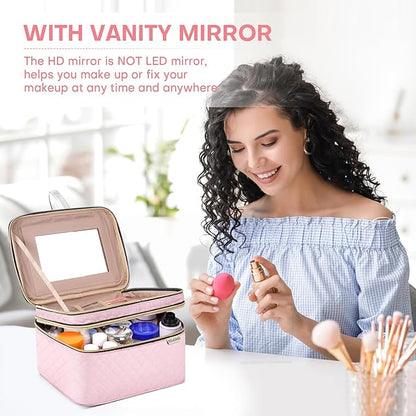Double Layer Travel Makeup Bag Women, Cosmetic Organizer Case, Travel Essentials Accessories with Shoulder Strap for Bottles, Brushes, Conditioner, Skin Care Products, Pink