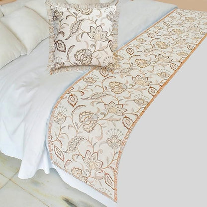 The HomeCentric King/Queen/Twin Beige Decorative Bed Runner CA King 86"x18" Bed Runner Without Pillow Cover, Floral, Pearl, Jute Lace, Embroidery Bed Scarf on Cotton Fabric - Floral Luster