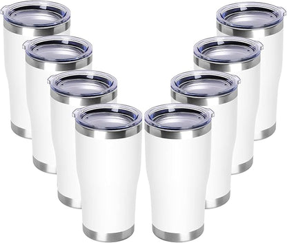 DOMICARE 20oz Tumbler with Lid Stainless Steel Tumblers Bulk, Double Wall Vacuum Insulated Coffee Travel Mug Powder Coated Tumbler, 8 Pack White