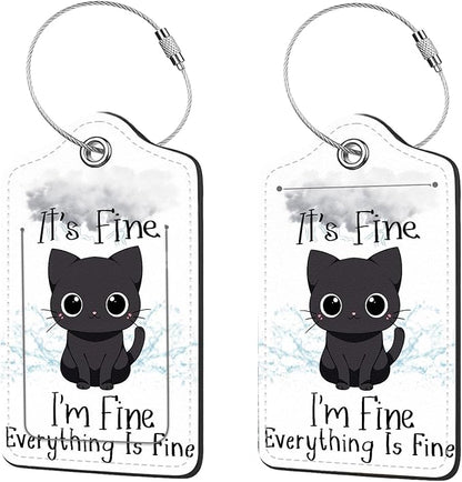 2 Pcs Luggage Tags for Suitcase, Cute Unique PU Leather Travel Bag Tag with Privacy Cover ID Label Address Card and Durable Metal Ring Suitable for Men Women Children Backpack,Cat Under A Dark Cloud