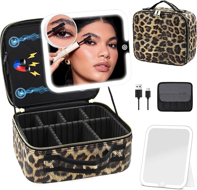 Makeup Bag with Magnetic Detachable Lighted Mirror, Travel Makeup Bag with Mirror 360° Angle, PU Leather Makeup Organizer Bag with Mirror and Lights, Portable Cosmetic Case Accessories Train Case Gift
