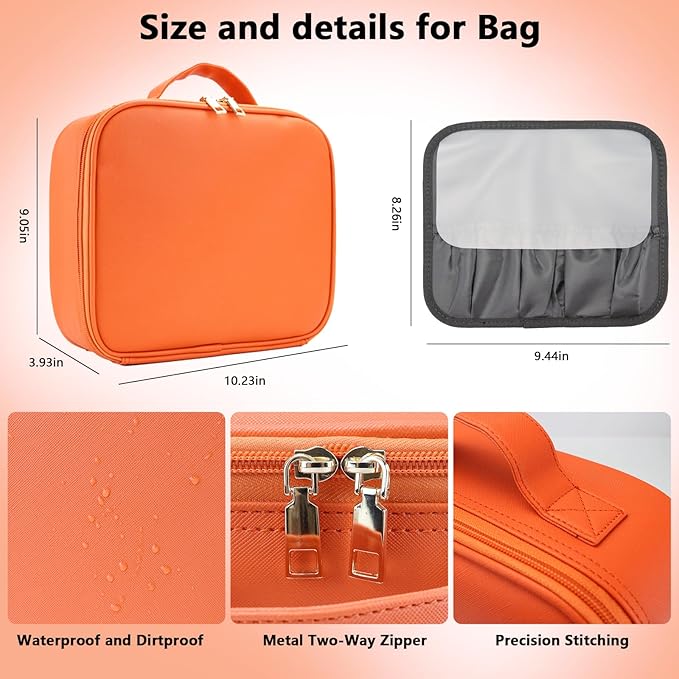 Travel Makeup Bag with LED Mirror Travel Makeup Organizer with 3 Lighted Settings, Adjustable Dividers and Makeup Brush Storage Bag Orange