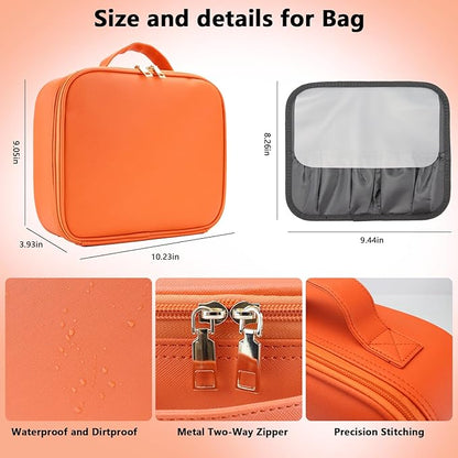 Travel Makeup Bag with LED Mirror Travel Makeup Organizer with 3 Lighted Settings, Adjustable Dividers and Makeup Brush Storage Bag Orange
