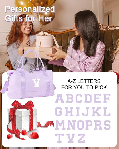 Daughter Niece Gifts for Teen Girl Kids, Initial Travel Duffel Bag Sports Gym Bag Personalized Gifts Weekender Bag，Monogram Overnight Bag Cute Dance Bag Birthday Bridesmaid Gifts for Women(Purple, V)