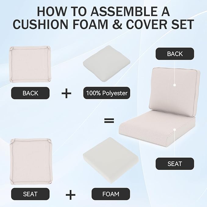 Outdoor Chair Cushions 23" x 24" x 4", Patio Deep Seat Replacement Cushions Set with Zippered Removable Cover, Weather-Resistant Olefin Fabric for Garden Chair Sofa Couch, Set of 3, Beige