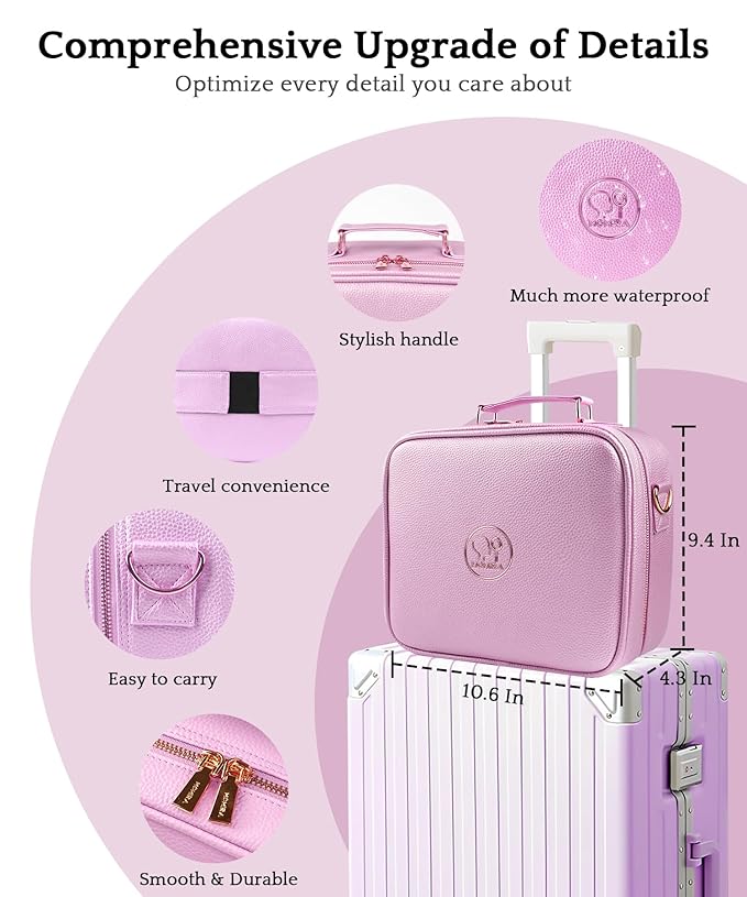 MOMIRA Travel Makeup Bag Cosmetic Bag with Lighted Mirror, Adjustable Brightness in 3 Color Scenarios/Detachable makeup mirror, All-round Upgrade, Waterproof, Gift for Women -Purple