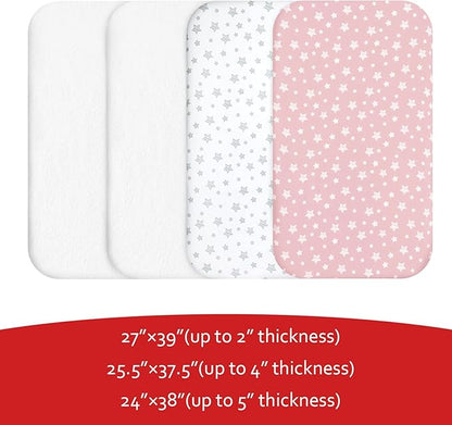 Pack and Play Sheets & Waterproof Terry Pack N Play Mattress Protector Pad Cover 4 Pack, Viscose Terry Pack N Play Sheets Set, Grey & Pink