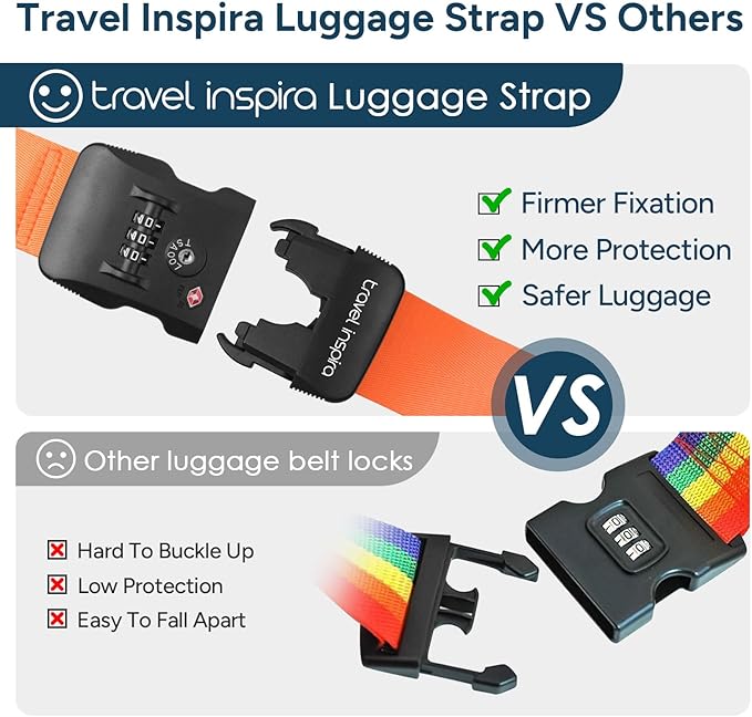 Travel Inspira Luggage Straps for Suitcases Travel Belt for Luggage TSA Approved Luggage Straps, Suitcase Straps 3-Dial Combination Locks Adjustable Suitcase Belt, Quick-Release Buckle (Orange)