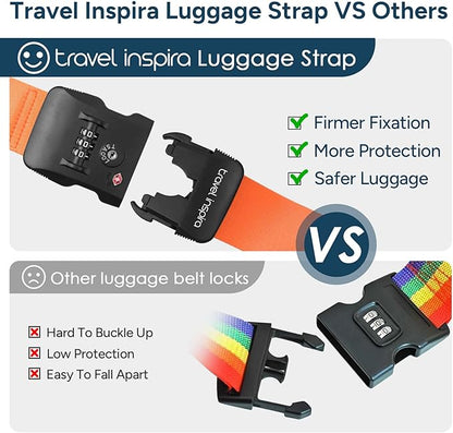 Travel Inspira Luggage Straps for Suitcases Travel Belt for Luggage TSA Approved Luggage Straps, Suitcase Straps 3-Dial Combination Locks Adjustable Suitcase Belt, Quick-Release Buckle (Orange)
