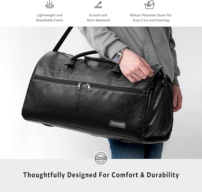 STOVER Garment Travel Duffle Bag, Large 2-in-1 Convertible Carry-on Luggage for Men & Women- Hanging Suits, Dresses & Clothes + Shoe Compartment- Weekender Tote Combo Duffel (Black Leatherette)