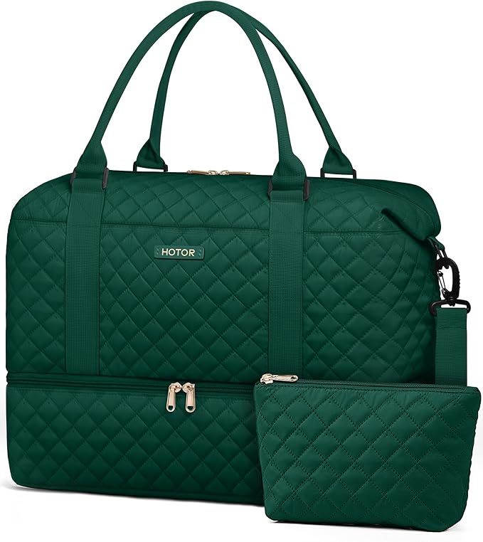 HOTOR Travel Duffel Bag - Weekender Bags for Women, Carry On Overnight Bag with Shoe Compartment, with Toiletry Bag for Travel Essentials and Travel Accessories, Dark Green, 13.4"×17.3"×7.9"
