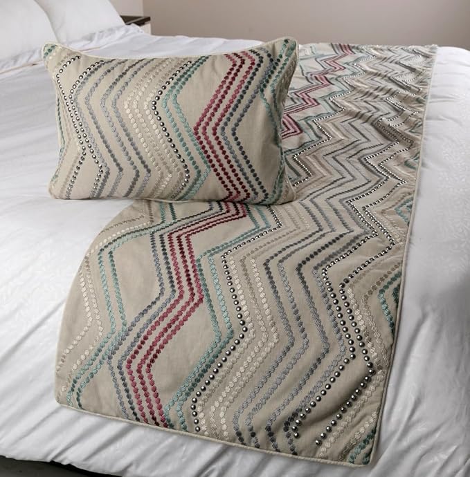 The HomeCentric King Queen Twin Beige Linen Bed Runner Without Pillow Cover, CA King Size 86"x18" Bed Runner Without Pillow Cover, Linen with Embroidery, Chevron Modern Pattern - Dotty Chevron