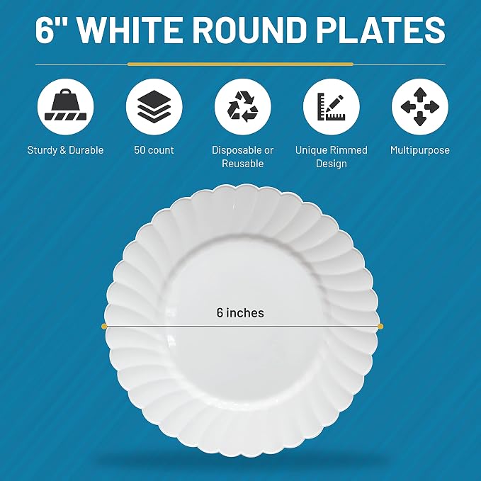 Premium Hard Plastic Round White Plates – 50 x 6” -Washable & Reusable