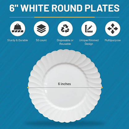 Premium Hard Plastic Round White Plates – 50 x 6” -Washable & Reusable