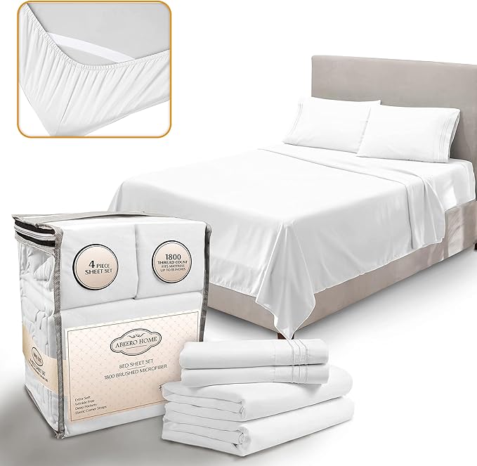 Full Size Bed Sheets Cooling - Luxury Hotel Sheet Set - Soft Sheets with Elastic Corner Straps - Deep Pocket Microfiber Bedsheets - Bedding Sheet & Pillowcases - 4 PC (Full Size, White)
