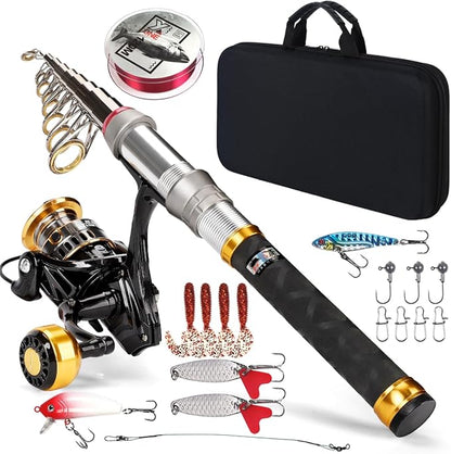 Fishing Rod Telescopic Carbon Fiber Rod Combo with Spinning Reel Portable Tackle Case Fishing Line Artificial Baits and Hooks for Travel Saltwater Freshwater Fishing