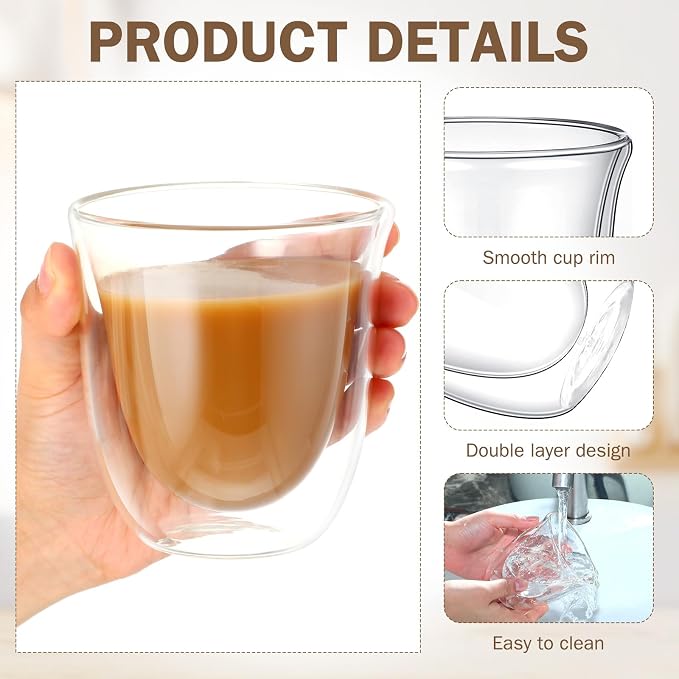 Sieral 8 Pack 8 oz Double Walled Coffee Mugs Glass Espresso Cups without Handle