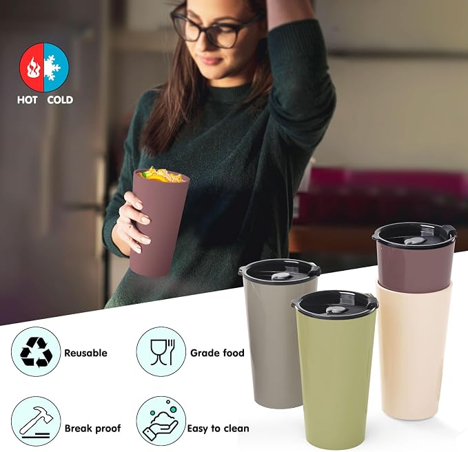 Greentainer 4 Pack Plastic Travel Coffee Mug Set, 20 oz Spill Proof Drinking