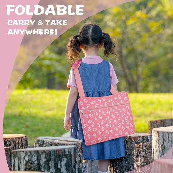 MENZOKE Kids Travel Tray for Toddler Car Seat, Lap Tray for Girl Activities with Dry Erase Board & Cooler Cup Holder, Road Trip Essentials Accessories with No-Drop Large Tablet iPad Holder Stand,Pink