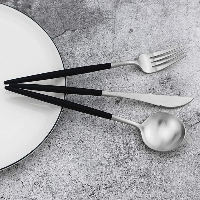 Black Handle Matte Silver Silverware Set