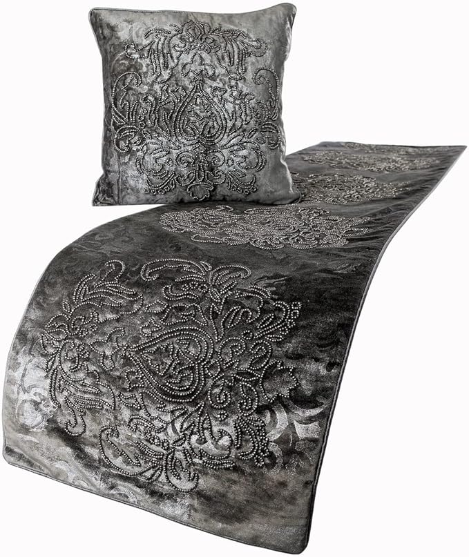 HomeCentric Designer Bed Runner with Decorative Throw Pillow Cover, 53 x 18 Inch Damask Twin Size Scarf in Foil Velvet and Embroidery