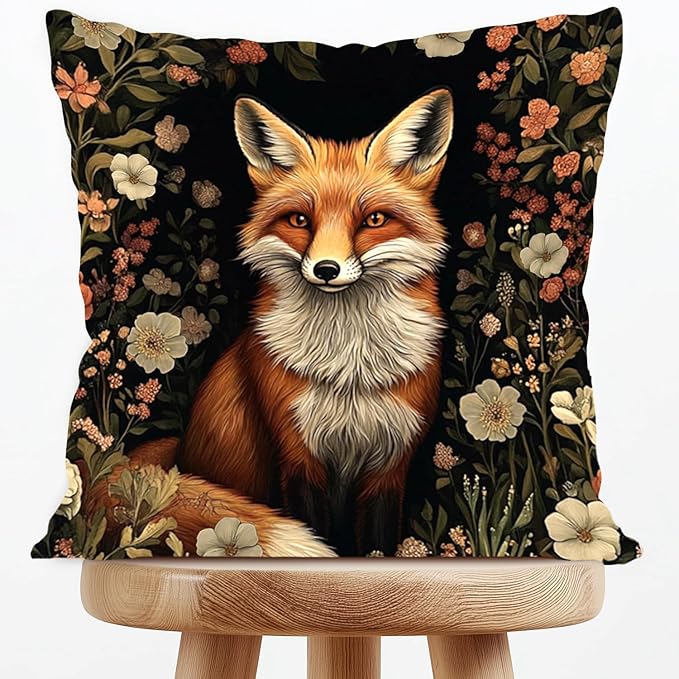 William Morris Abstract Vintage Floral Velvet Butterfly Design Throw Pillow Covers Home Decor, Retro Art Deco Pillowcase Cushion Cover for Bed Sofa Living Room, Square 18x18inch (Orange-Fox2)