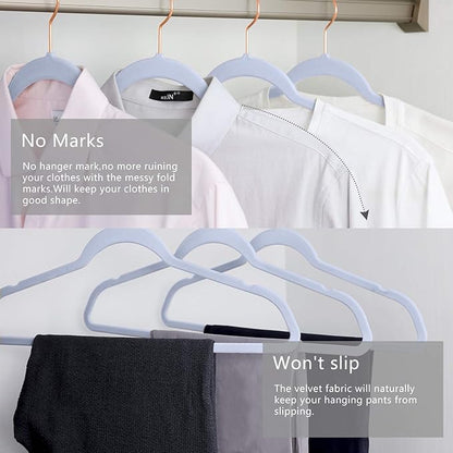 MIZGI Premium Velvet Hangers (50 Pack) Heavy Duty - Non Slip Felt Hangers - Velvet Suit Hanger Light Blue - Rose Gold Hooks,Space Saving Clothes Hanger