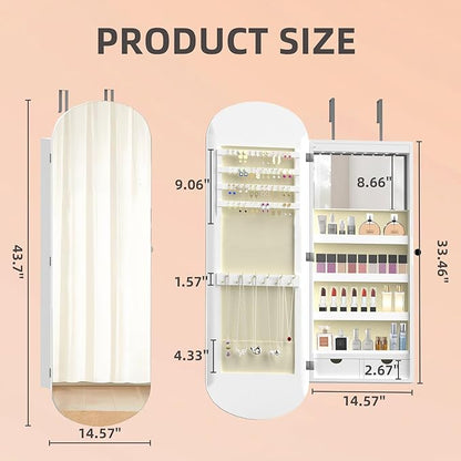 RQZ 8 LEDs Mirror Jewelry Cabinet, Rounded Wide Jewelry Armoire Organizer, Wall or Door Mounted Lockable Jewelry Storage with Interior Mirror, 2 Drawers (43.7" H)