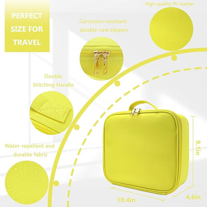 Travel Makeup Bag for Women and Makeup Artists Cosmetic Organizer Large Makeup Case,Travel Makeup Bag with Mirror 3 Color Setting,Portable Storage and Adjustable Dividers(yellow)