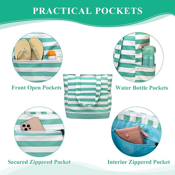 VASCHY Beach Bag for Women, Large Waterproof Sandproof Fold-able Packable Pool Tote Bag w Zipper/Pockets
