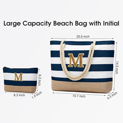 Becokan Beach Bag Initial Beach Tote with Makeup Bag for Travel Work Storage Personalized Birthday Gifts for Women Her