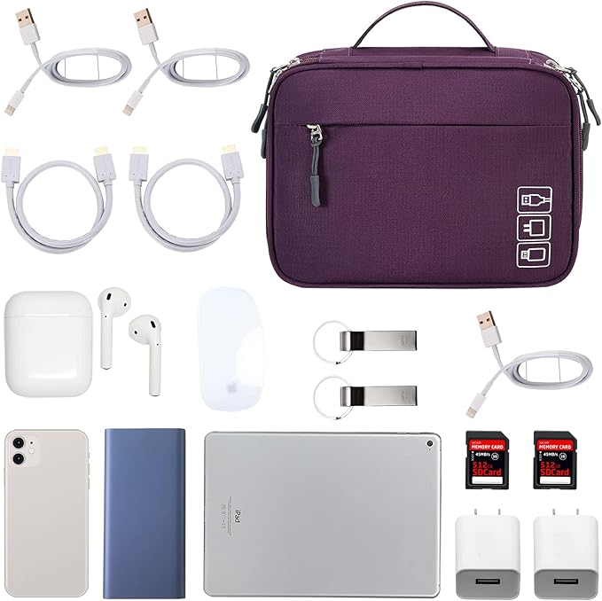 MIRLEWAIY Electronic Organizer Accessory Tech Pouch Water-resistent Travel Cable Storage Bag for Charger, Cables, Power Bank, Hard Drive, Cords, USB, SD Card, Purple