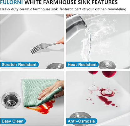 33 White Farm Sink Workstation - Fulorni 33"x21" Apron Front Farmhouse Sink Workstation with Slide Ledge White Ceramic Porcelain Fireclay Single Bowl Farmer Kitchen Sink Basin