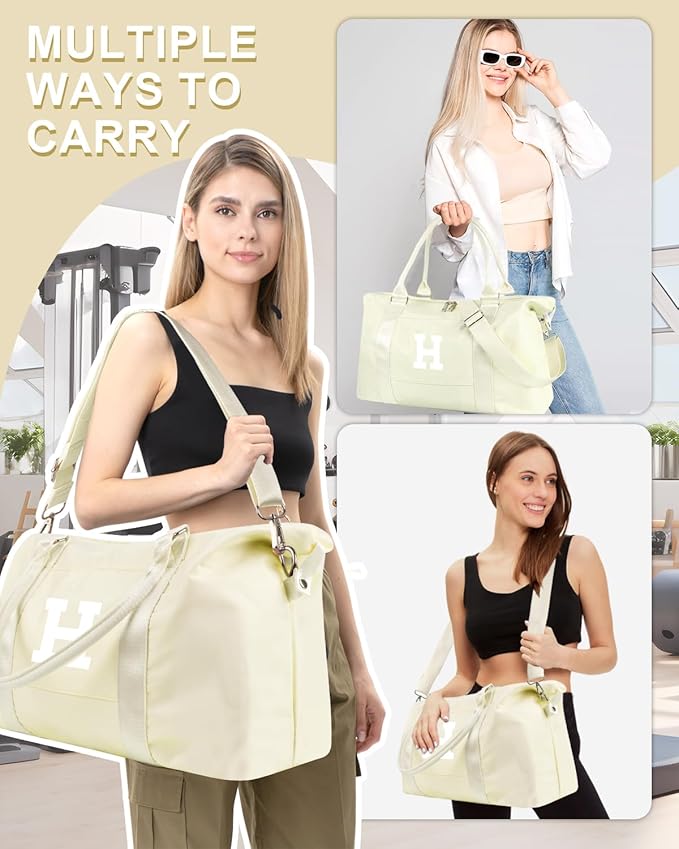 Initial Travel Duffel Bag Sports Gym Bag for Kids Teen Birthday Gifts,Beige Personalized Weekender Carry On Dance Bags for Women Men,Waterproof Monogram Overnight Bag with Trolley Sleeve(Letter H)