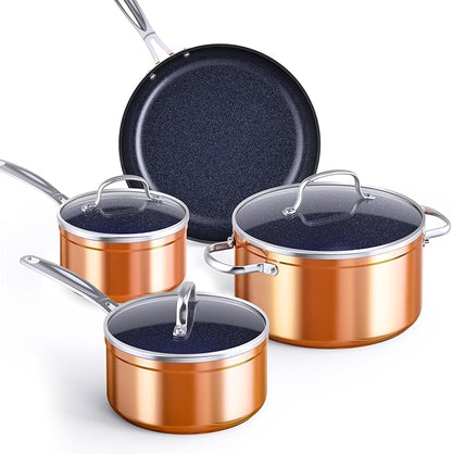 Nuwave Healthy Duralon Blue Ceramic Nonstick Coated 7pc Cookware Set, Scratch-Resistant Diamond Infused, PFAS Free, Induction Ready & Evenly Heats, Oven Safe, Tempered Glass Lids