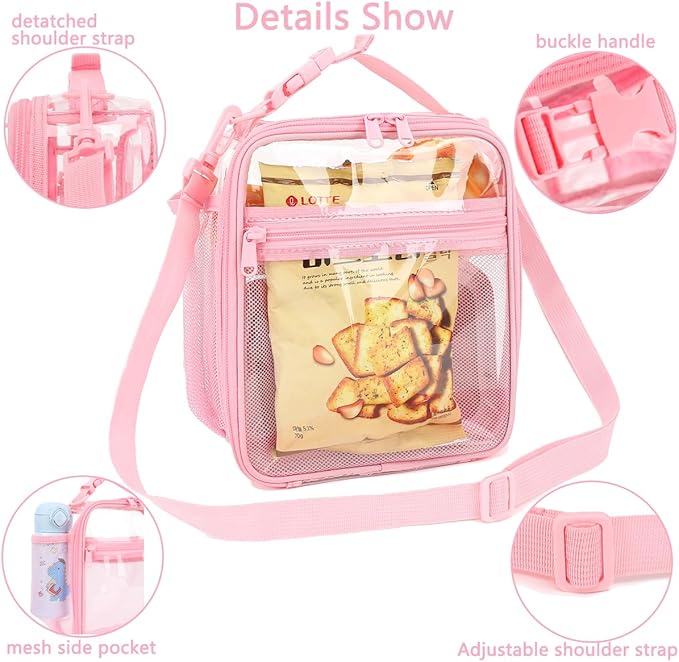 FlowFly Kids Lunch box Insulated Soft Bag Mini Cooler Back to School Thermal Meal Tote Kit for Girls, Boys, PinkClear