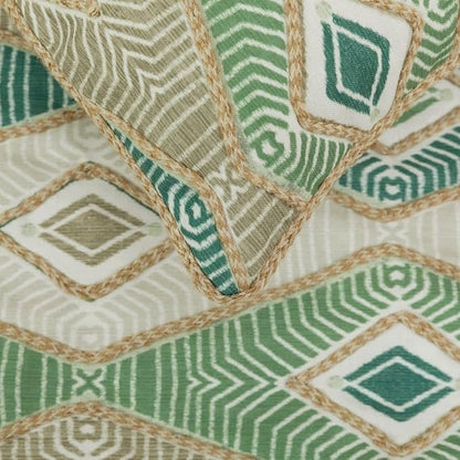 The HomeCentric King/Queen/Twin Green Designer Queen 74"x18" Bed Runner with 2 Pillow Cover, Aztec, Jute Embroidery, Quilted, Tassels, Jute, Moroccan & Tribal Bed Scarf on Cotton Fabric - Chantico