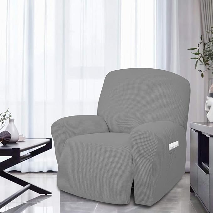 Easy-Going 4 Pieces Oversized Recliner Stretch Sofa Slipcover Sofa Cover Furniture Protector Couch Soft with Elastic Bottom,Polyester Spandex Jacquard Fabric Small Checks Light Gray